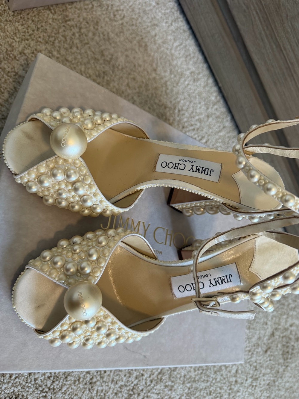 Jimmy Choo Pearl-Embellished Cream Block Heel Sandals - Picture 11 of 13